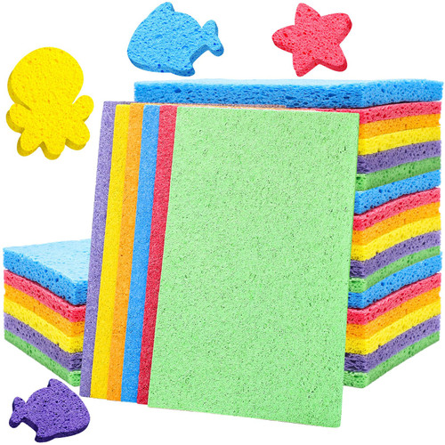 Honeydak 12 Pcs Cellulose Compressed Sponges for Craft 5" x 7" DIY Art Stamps Projects Supplies Assorted Colors Natural Dish Sponges for Classroom Crafts Home Cleaning
