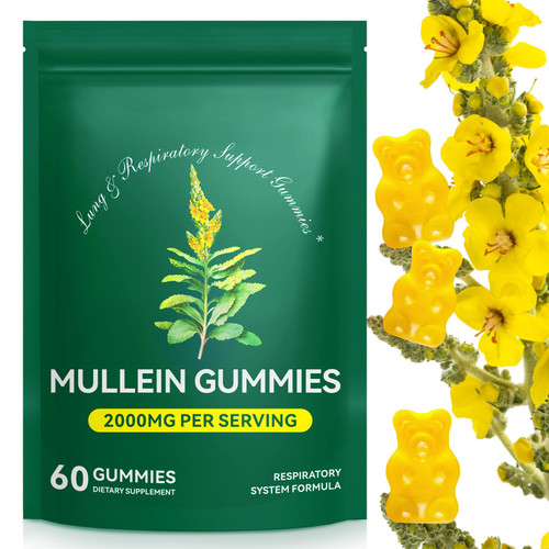 MXCZBSM 60 Count Mullein Gummies for Lung Cleanse, 2000mg Organic Mullein Leaf Extract for Lung Cleanse and Respiratory Support, Natural Mullein Herbal Supplement, Pear Flavor Gummies