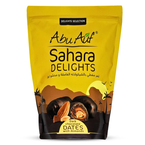 Abu Auf Sahara Delights Dark Chocolate Dates With Almonds Delicious Finest Natural Egypt Tamar Tamr Tamaar Ramadan Kosher Halal (1 Pack = 10.58 oz / 300 gm) تمر مغطى بالشيكولاته الغامقة ومحشو لوز