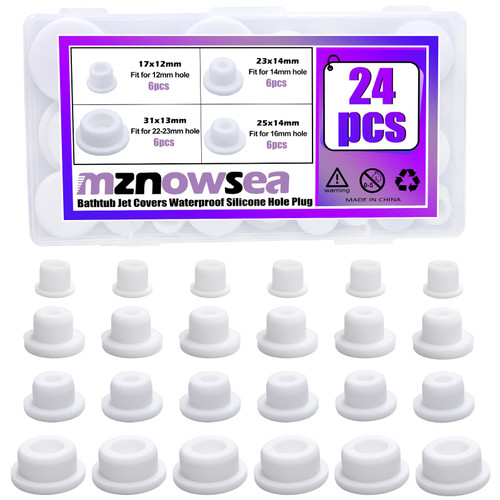 24 PCS Bathtub Jet Covers 4 Sizes Silicone Hole Plug Fit 12mm 14mm 16mm 22-23mm Bathtub Hole, Round Waterproof Bathtub Plug White Tube Plugs Soft Flexible Reusable End Covers