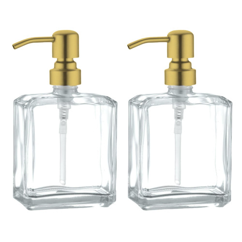 JINCROP 13.5 OZ Glass Soap Dispenser- 2 Pack with Brushed Gold Pump - Refillable for Kitchen and Bathroom - for Hand Soap, Dish Soap, Lotion