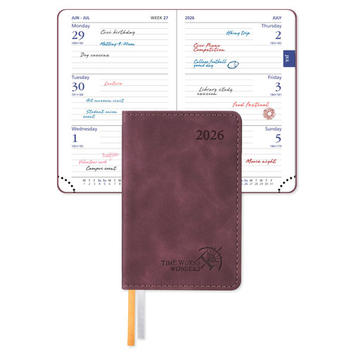 POPRUN 2026 Pocket Weekly Planner (Super Mini Size 3'' x 4.5'') 12 Months Compact Calendar for Purse, Two Pages Per Week with Monthly Overview, Soft Cover, Two Bookmark Ribbons - Claret