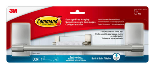 Command Hand Towel Bar Satin Nickel with 4 Water Resistant Command Strips, 9" Hand Towel Holder, Holds up to 3 lb, Great for Bathroom Décor on The Wall, Inside The Cabinet, or in The Shower