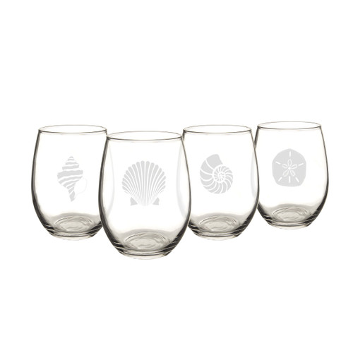 Cathy's Concepts SEA-1110 Seashell Stemless Wine Glasses – 4 Unique Designs, Holds Up to 21 oz., 4-Glass Set