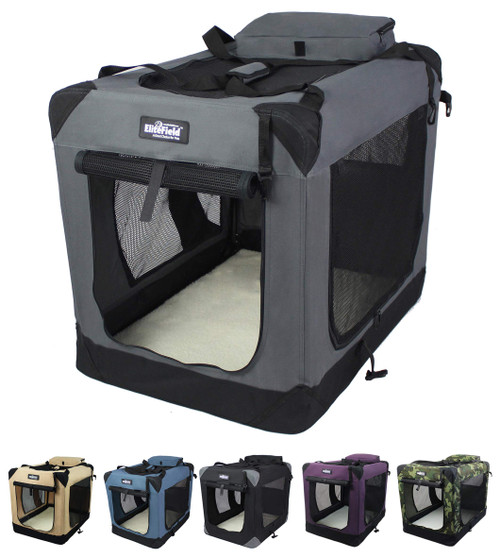 EliteField 3-Door Folding Soft Dog Crate with Carrying Bag and Fleece Bed (2 Year Warranty), Indoor & Outdoor Pet Home (30" L x 21" W x 24" H, Gray)