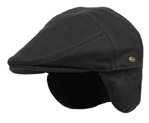 EPOCH HATS 100% Wool Herringbone Winter Ivy Cabbie Hat w/Fleece Earflaps – Driving Hat (XL, Black)