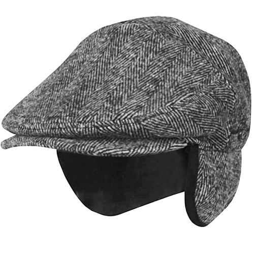 EPOCH HATS 100% Wool Herringbone Winter Ivy Cabbie Hat w/Fleece Earflaps – Driving Hat (M, IVE2341LT Gray)
