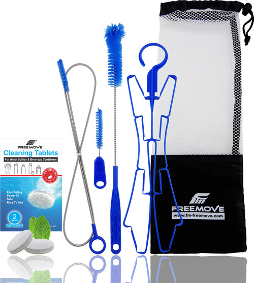 Hydration Bladder Cleaning Kit 6in1 - Clean and Maintain 2L and 3L Water Bladders with Ease - Includes 3 Brushes, Drying Hanger, Carry Bag & 2 Cleaning Tablets For Any Camelback Water Pack Backpack