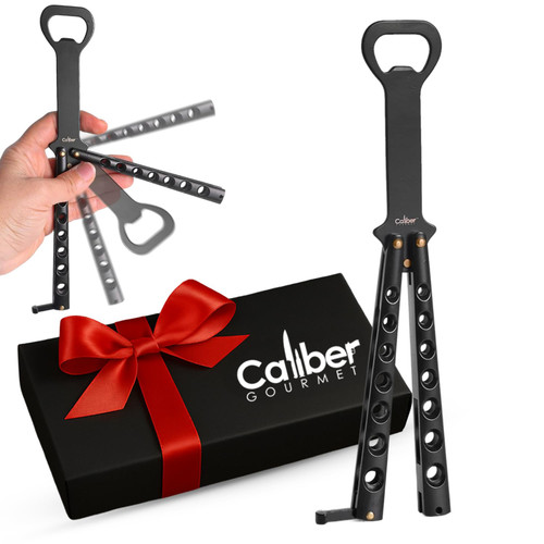 Caliber Gourmet Butterfly Knife Bottle Opener | Cool Balisong Trainer Butterfly Knife Trainer Multitool Beer & Bottle Opener | Bartender Supplies | Perfect Bar Key Tool | Tactical Bar Tool - Black