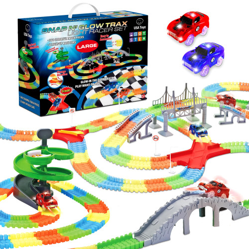 USA Toyz Large Glow Trax Race Tracks for Kids- 380pc Glow in The Dark Race Car Track Set with 360pk Bendable Roads, Roundabout Ramp, 2 Bridges, 2 Ramps, 2 LED Toy Cars, STEM Toys for Boys and Girls