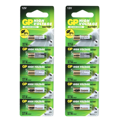 GP Batteries A27 12 V (27 A MN27 V27 A) 12 Volt, 10 Pieces (2 Packs of 5 Batteries) Batteries Long Life, High Performance, Extra Long
