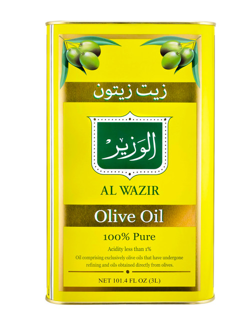 Al Wazir Olive Oil, 101.4 FL OZ (3L) Metal Tin Low Acidity Balanced Flavor for Cooking Dressing Dipping High Virgin Oil Ratio
