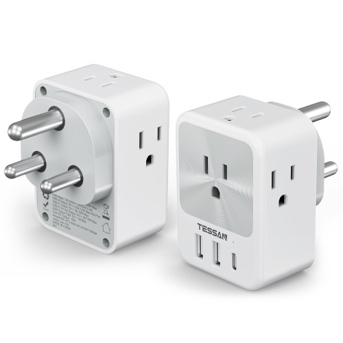 US to India Plug Adapter 2 Pack, TESSAN Type D Travel Adapter with 4 AC Outlets 3 USB Ports (1 USB C), 7 in 1 India Travel Plug for USA to Bangladesh Maldives Pakistan Sri Lanka