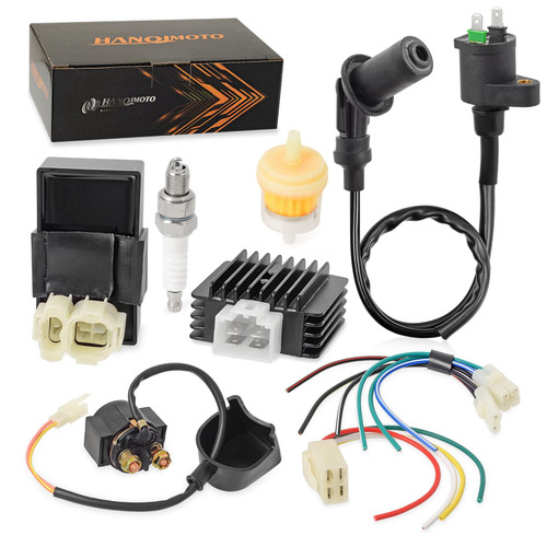 HANQIMOTO GY6 150cc Ignition Coil AC CDI Box Kit with Solenoid Relay Voltage Regulator Spark Plug for Tomberlin Crossfire 150R Spiderbox Go Karts GY6 150cc Engine Scooter Moped