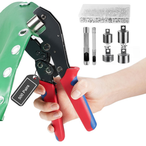 Heavy Duty Ratchet Grommet Tool Kit with 500 Pairs 6mm and 10mm Grommet Kit, Amliber Interchangeable Head Grommet Press with Silver Eyelets and Grommets for Fabric, Tarp, Leather