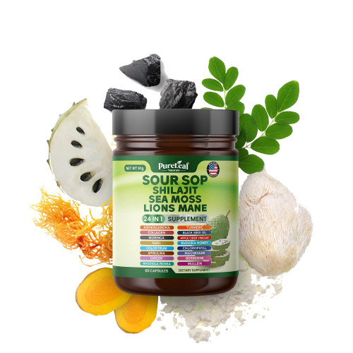 PureLeaf Naturals - Soursop Shilajit, Sea Moss, and Lions Mane - 24-in-1 Supplement with Ashwagandha, Black Seed Oil, Rhodiola Rosea, Ginger, Collagen, Turmeric - Made in USA - 60 Capsules