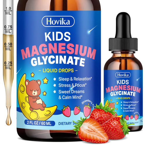 Magnesium Glycinate Liquid for Kids - with L-Theanine Omega-3, Vitamin B6, D3, Zinc - Kids Magnesium Drops for Sleep, Relaxation, Calm & Focus - 2 Fl Oz, Strawberry Flavor