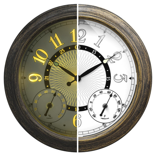 Pytha Sight Illuminated Large Metal Outdoor Clocks Waterproof 18 Inches With AI Auto Light Smart Sensor,Extra Big Indoor Outdoor Wall Clocks With Thermometer & Hygrometer for Patio, Pool, Garden,Porch