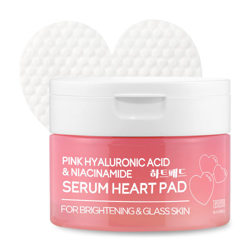 TENZERO Pink Hyaluronic Acid Niacinamide Serum Heart Pad (50 Count, 150g), Hydrating & Brightening Glowing Face Toner Pads, Korean Facial Radiance Pads, Dry Skin