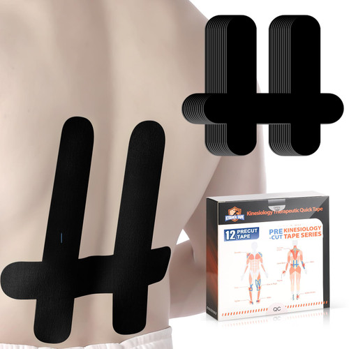 PreCut Kinesiology Tape for Lower Back, 12PCS Kinesiology Tape Precut for Lower Back, KTQUICK Original Cotton Waterproof&Breathable Latex-Free, Enhance Elastic Athletic Tape for Support Muscle(Black)