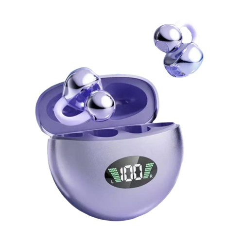 umgoogoo Open Ear Earbuds Wireless Bluetooth 5.4 with Fashion Ear Hooks Clip on Design Digital Display Waterproof Running Sports Yoga Fitness Gym Headphones(Purple)