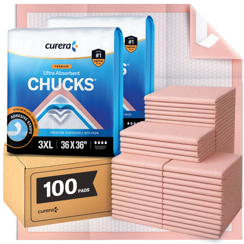 Curera Chucks Premium Disposable Underpads 36”x36” [100-Count] Ultra Absorbent Chux Incontinence Bed Pads Disposable Adult with Adhesive Tape, Pee Pads Pet Training Pads XXXL 36x36 Bulk Pack