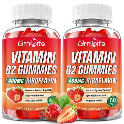 2 Pack Vitamin B2 Gummies, Riboflavin 400mg with Magnesium for Kids & Adults, Migraine Relief & Energy Support, Strawberry Flavor, 120 Count