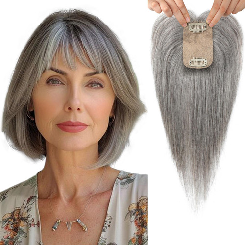 Flufymooz Real Human Hair Toppers for women, 10 Inch Clip in Bangs 100％ Human Hair Toppers for Thinning Hair, Cover Hair Topper Hair Pieces with 150% Density Silk Base-Grey
