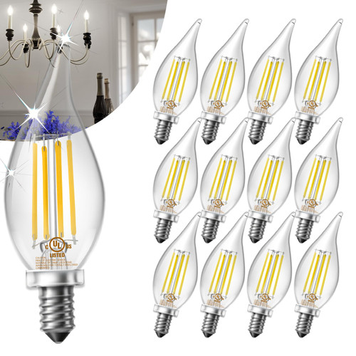DAYBETTER E12 LED Bulb Dimmable, Chandelier Light Bulbs, Candelabra Light Bulbs 60 Watt Equivalent, 5000K Daylight White, 5.5W 600LM, Flame Tip Vintage Flame Light Bulb, 12 Pack