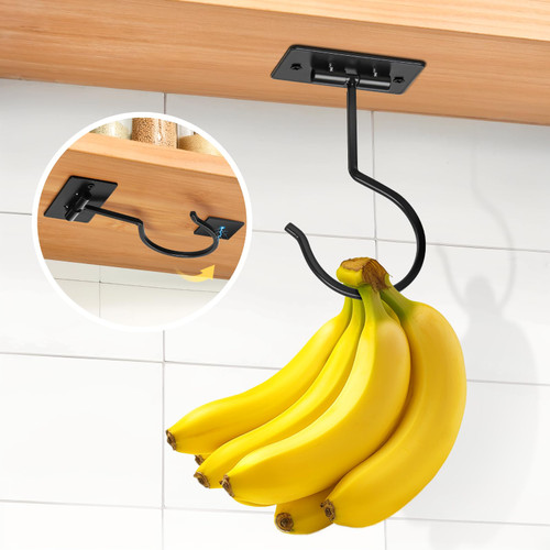 Fitnice Self Adhesive Banana Hook Under Cabinet Foldable Banana Hanger Black Metal Under Counter Banana Hook to Keep Bananas Fresh Banana Holder for Kitchen RV Space Saving