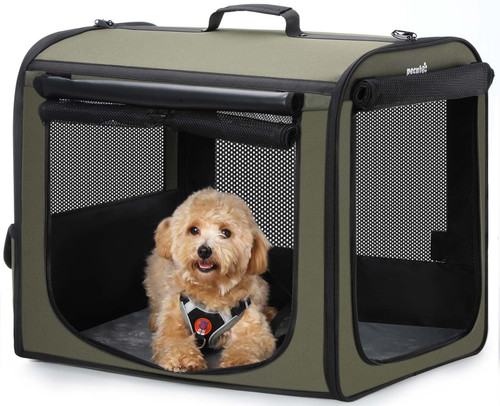 Dog Car Carrier Light Weight 24×17.7×20.5in, Dog Carrier Easy to Assemble, Dog Car Crate Portable and Breathable, Foldable Pet Carrier for Indoor and Outdoor, Dog Travel Crate with Curtain Green