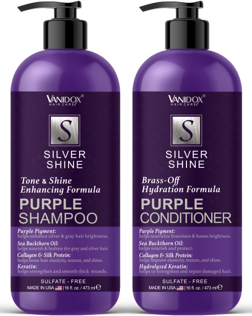 VANIDOX Sulfate Free Brass Toning Purple Shampoo and Conditioner Set for Grey and Silver Hair, Moisturizing & Color-Safe, Enhances Shine & Brightness, Made in USA (16 fl oz each)