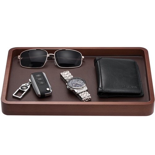 ProCase Wooden Valet Tray for Men, Wood Catch-All EDC Organizer, Nightstand, Entryway Bedside Dump Holder, for Wallets, Keys, Watches, Phones, Loose Change, Trinkets -DarkBrown