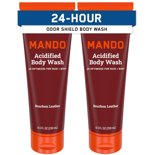 Mando Odor Shield Body Wash - 24 Hour Control - Removes Odor Better than Soap - SLS Free, Paraben Free, Skin Safe - 8.5 Ounce (Pack of 2) (Bourbon Leather)