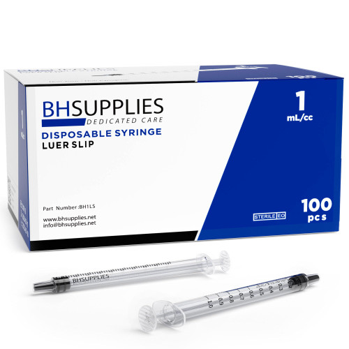 BH Supplies 1mL Luer Slip Tip Syringes (No Needle) - Sterile, Individually Wrapped - 100 Syringes