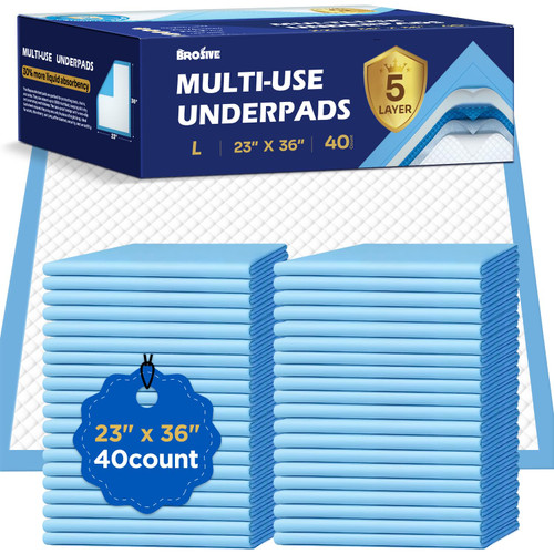 Brosive Disposable Bed Pads for Incontinence 23" x 36" - 40 Count, Large Disposable Chucks Pads for Adults, Children, Elderly & Pets, High Absorbency Waterproof Underpads for Mattress & Furniture