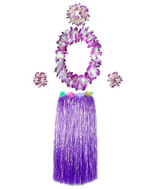 Hawaiian Luau Hula Grass Skirt with Large Flower Costume Set for Dance Party Decorations Favors (32" - Purple)