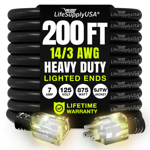 200ft Outdoor/Indoor Extension Cord 14/3 Gauge Heavy Duty 3 Prong SJTW, Waterproof, Flexible Cold-Resistant Long Power Cord,125 Amp 875W, Black by LifeSupplyUSA