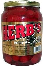 Herbs RED HOT Pickled Sausage (Half Gallon. Jar) 20 Count Beef & Chicken No Pork ( From Candy World)