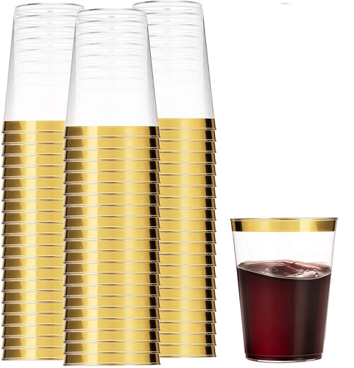 Munfix Gold Plastic Cups - 16 Oz Clear Tumblers with Gold Rim - Elegant Disposable Wedding & Party Cups