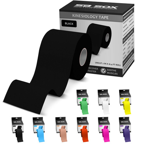 SB SOX Original Cotton Kinesiology Tape Roll – Best Latex Free Athletic Tape for Muscles/Joints – Waterproof, Stretchy, and Gentle on Skin (16ft) (Black)