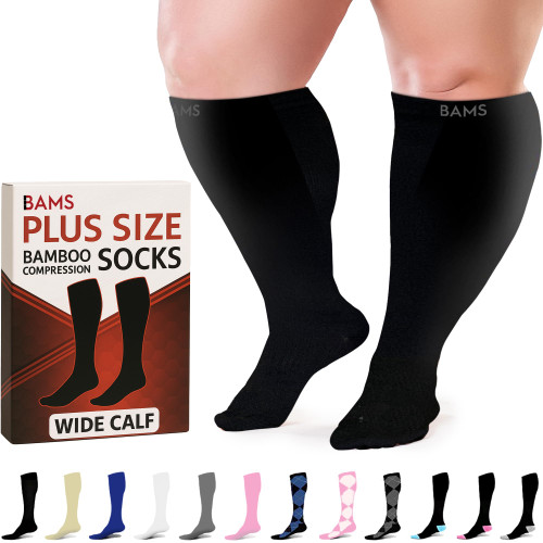 BAMS Plus Size Compression Socks Wide Calf XL XXL XXXL – Graduated Knee-High Support, Viscose from Bamboo Easy-On/Easy-Off (Black, XL)