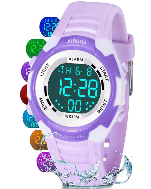 Juboos Kids Digital Watch for Boys Girls 5-18, 7 Colors LED Light Kids Sports Outdoor Wristwatch, Waterproof Watch with Alarm,Stopwatch