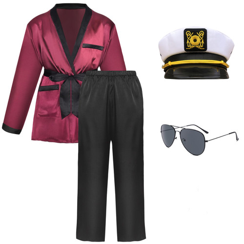 Maazusa Men Red Silk Robe jacket and Black Pants, Hugh Hefner Captain Costume Set Smoking jacket Including Captain Hat and Toy Props Sunglasses