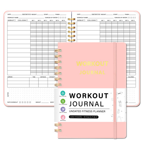 Workout Journal Fitness Planner for Men & Women - Undated Workout Log Book, Workout Tracker, Gym Exercise Calendar Notebook, 6.3"X8.4", Pink