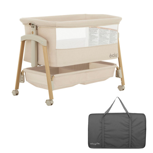 évolur Lullaby Portable Bassinet with Wheels, Adjustable Bedside Sleeper, Breathable Mesh Sides, Large Storage Basket, Easy Fold, and Travel Bag Included, Perfect for Newborns & Infants - Biege