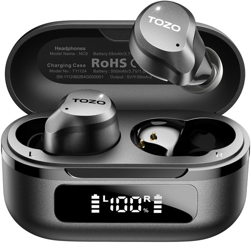 TOZO NC9 Hybrid Active Noise Cancelling Wireless Earbuds, 6 Mics ENC Clear Call, IPX8 Waterproof, in Ear Bluetooth 5.3 Headphones Stereo Bass Ear Buds 59H Playtime with LED Display 32 EQs via APP