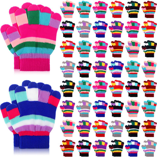 Handepo 50 Pairs Kids Winter Gloves Bulk Stretchy Full Finger Knitted Gloves Winter Warm for Boys Girls(Rainbow Color)