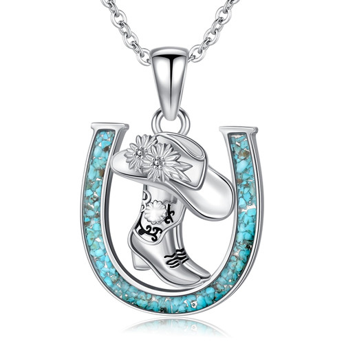 YYmqmq Cowboy Boot Necklace for Women 925 Sterling Silver Turquoise Horseshoe Pendant Country Western Jewelry Cowgirl Gifts for Women