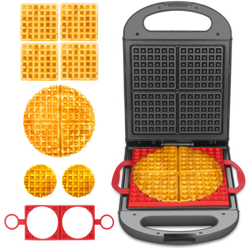 Baker's Friend Multi Shapes Waffle Iron, A Combo of Mini Waffle Maker, American Classic Waffle Maker, Belgian Waffle Machine Thick & Chaffle Maker, Waflera Electrica, With 2 Silicone Molds, Graphite